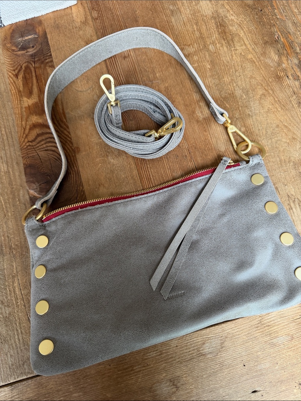 Hammitt Light Gray Suede Crossbody with Gold Studs